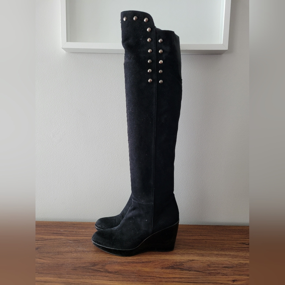 STUART WEITZMAN suede over the knee boots with patent wedge heel and metal studs
